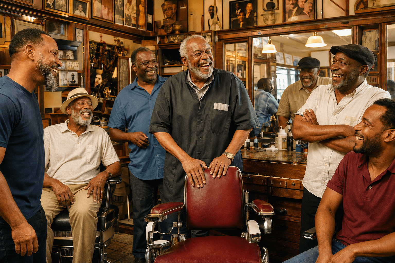 A neighborhood barbershop owner sharing a laugh with his community