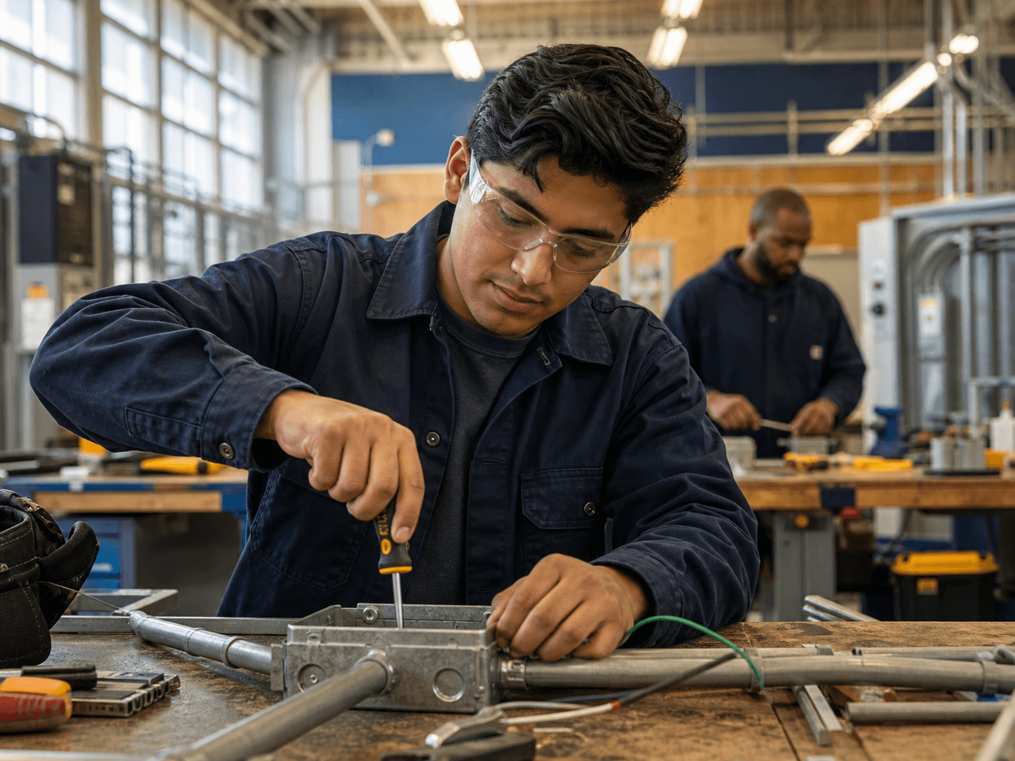 A student building hands-on skills in a technical training program